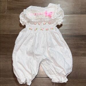 Baby Togs Smocked Eyelet Romper with Pink ribbon & Rosette details SZ 3/6 months